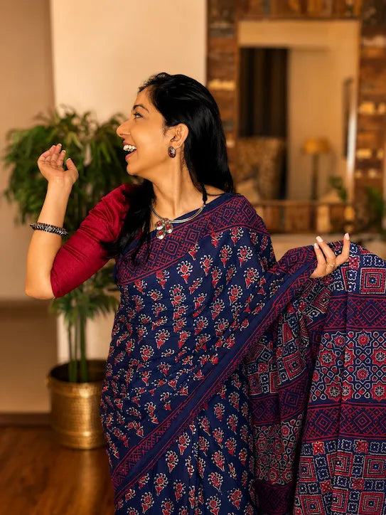 Blue Reverie pure hand block printed navy blue cotton saree in soft breathable cotton for office wear and everyday elegance