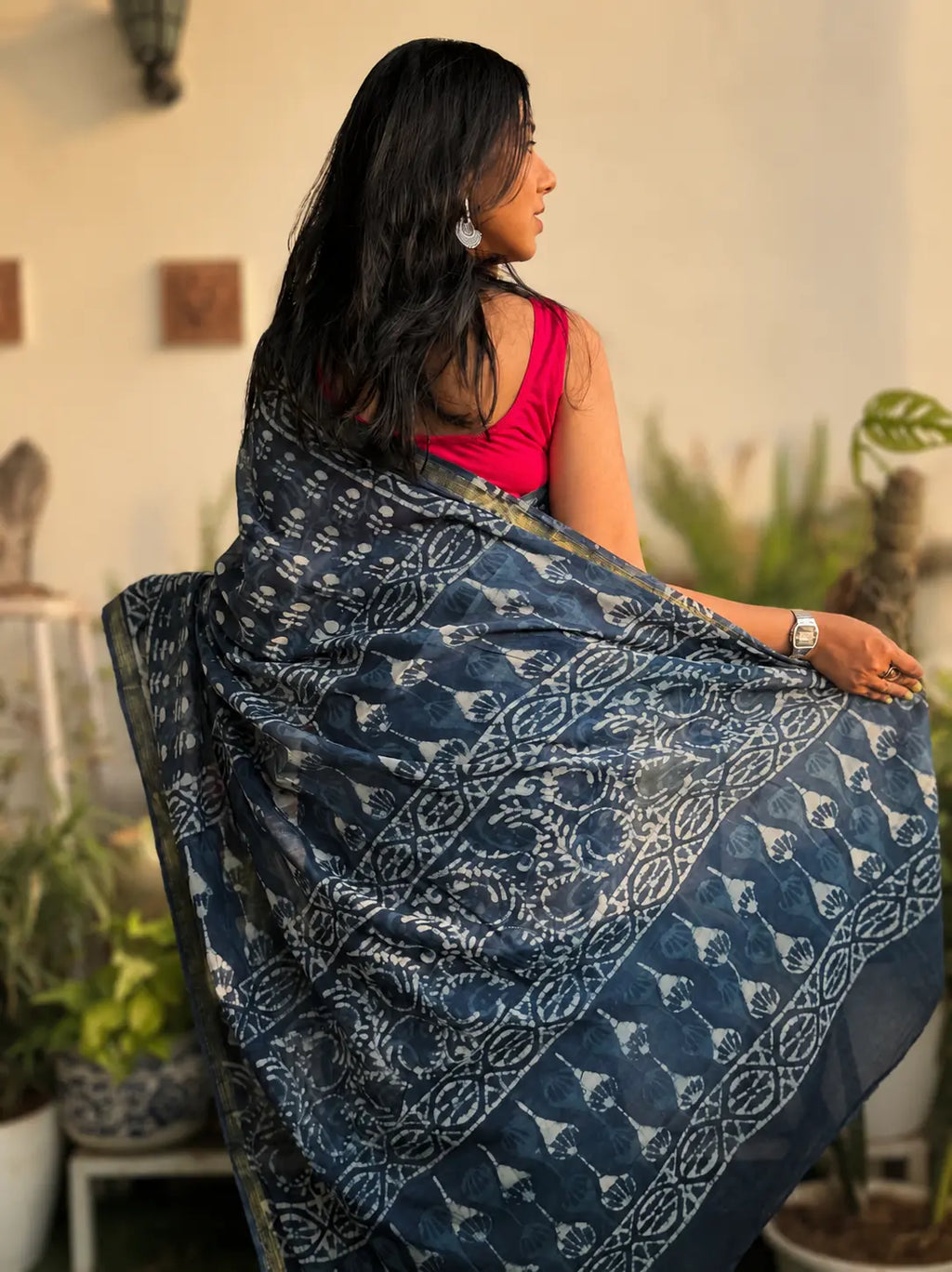 Hand-block Cotton Saree – Indigo Varnam