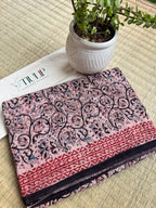 Pushpalekha hand printed pink cotton Kalamkari saree with intricate floral motifs in soft breathable cotton for festive occasions, office wear, and everyday elegance