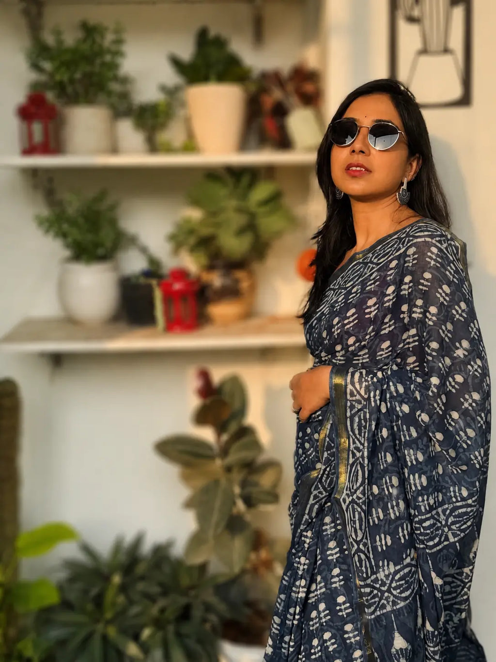 Indigo Pure cotton saree with traditional handblock print design