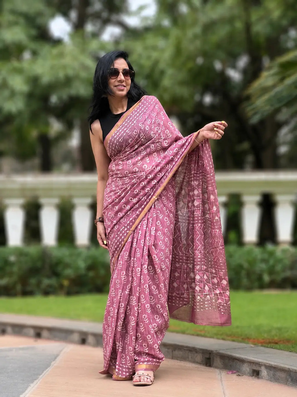 Hand-block Cotton Saree – Rose Whisper