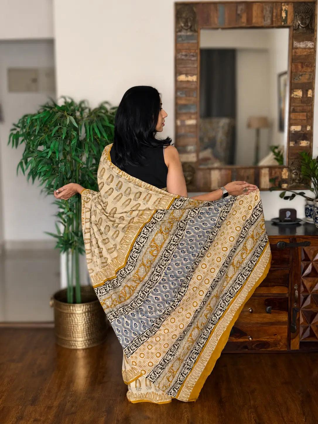 Hand-block Cotton Saree – Golden Muse