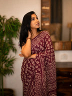Ruby Weave pure hand block printed ruby red cotton saree in soft breathable cotton for office wear and everyday elegance