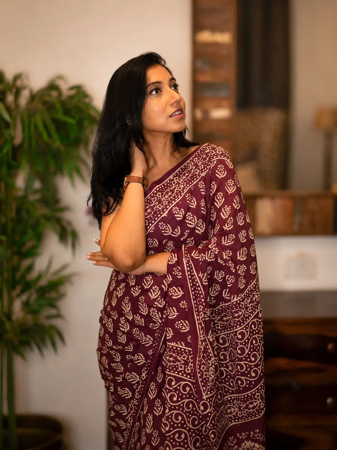 Ruby Weave pure hand block printed ruby red cotton saree in soft breathable cotton for office wear and everyday elegance