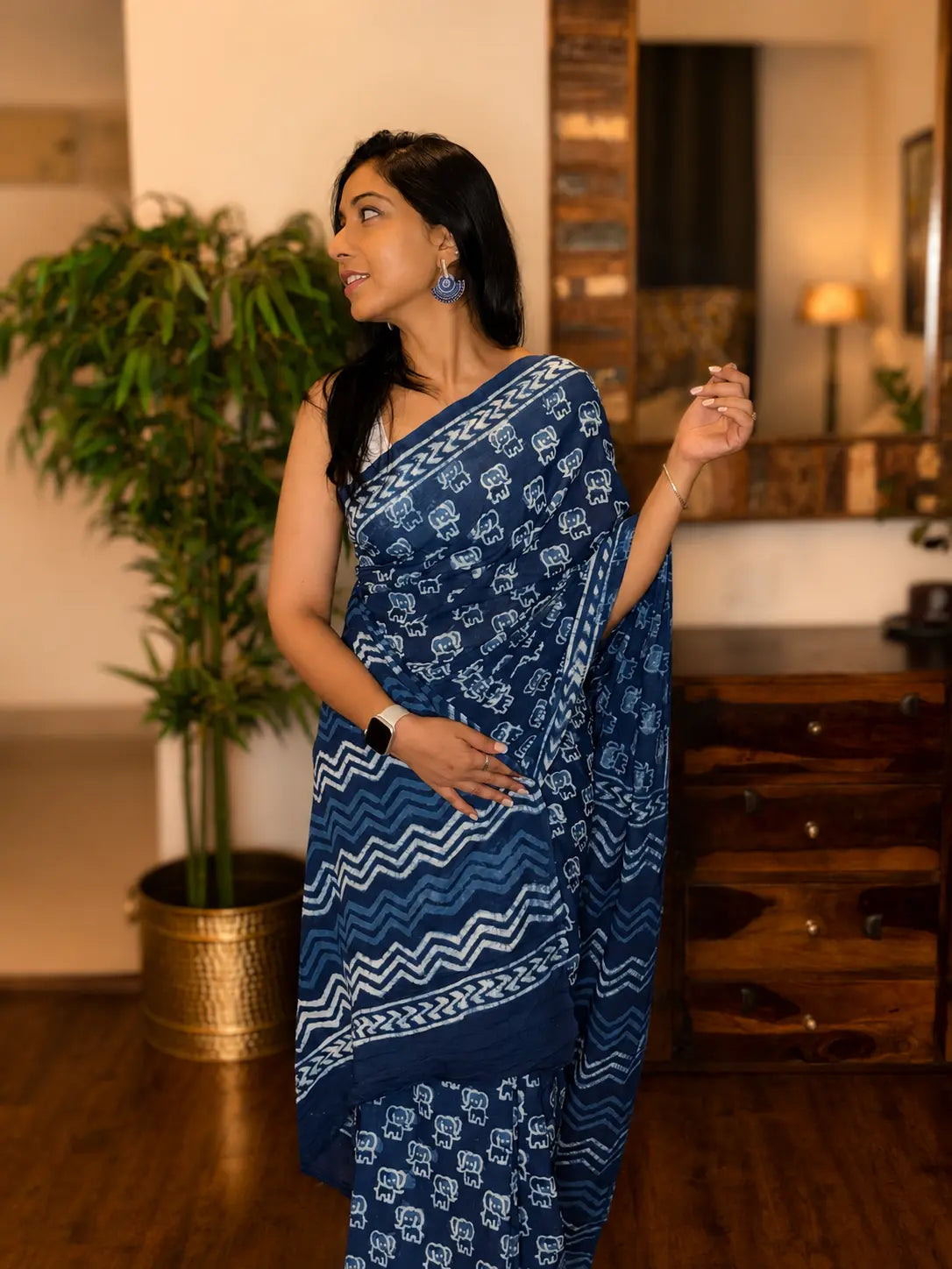 Hand-block Cotton Saree – Indigo Echo
