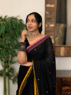 Tamalika pure handwoven black Dhaniakhali cotton saree in soft breathable cotton for office wear, festive mornings, and everyday elegance