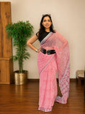 Rosé Petal pink chiffon saree by Tulip Saree, draped gracefully showing lightweight fabric and blush pink colour