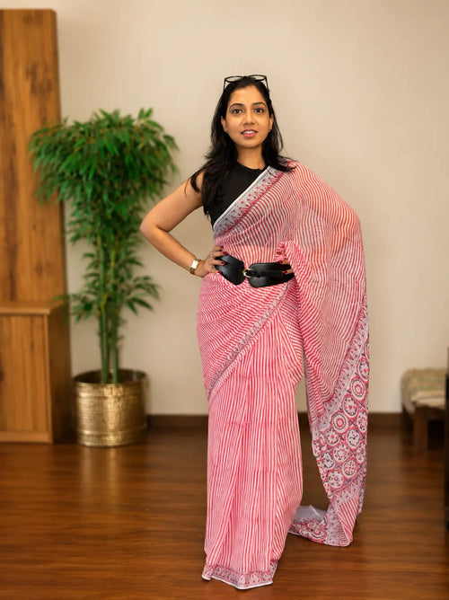 Rosé Petal pink chiffon saree by Tulip Saree, draped gracefully showing lightweight fabric and blush pink colour
