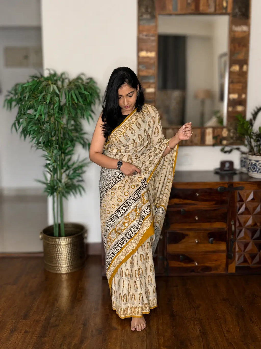 Hand-block Cotton Saree – Golden Muse