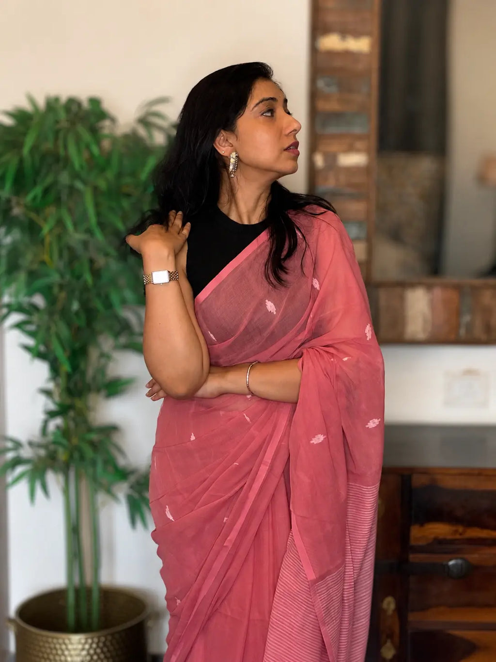 Arunika pure handwoven pastel peach Jamdani saree in soft cotton for office wear, festive mornings, and everyday elegance