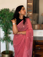 Arunika pure handwoven pastel peach Jamdani saree in soft cotton for office wear, festive mornings, and everyday elegance