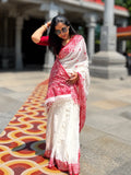 Handwoven cotton Jamdani saree in white and red with traditional motifs
