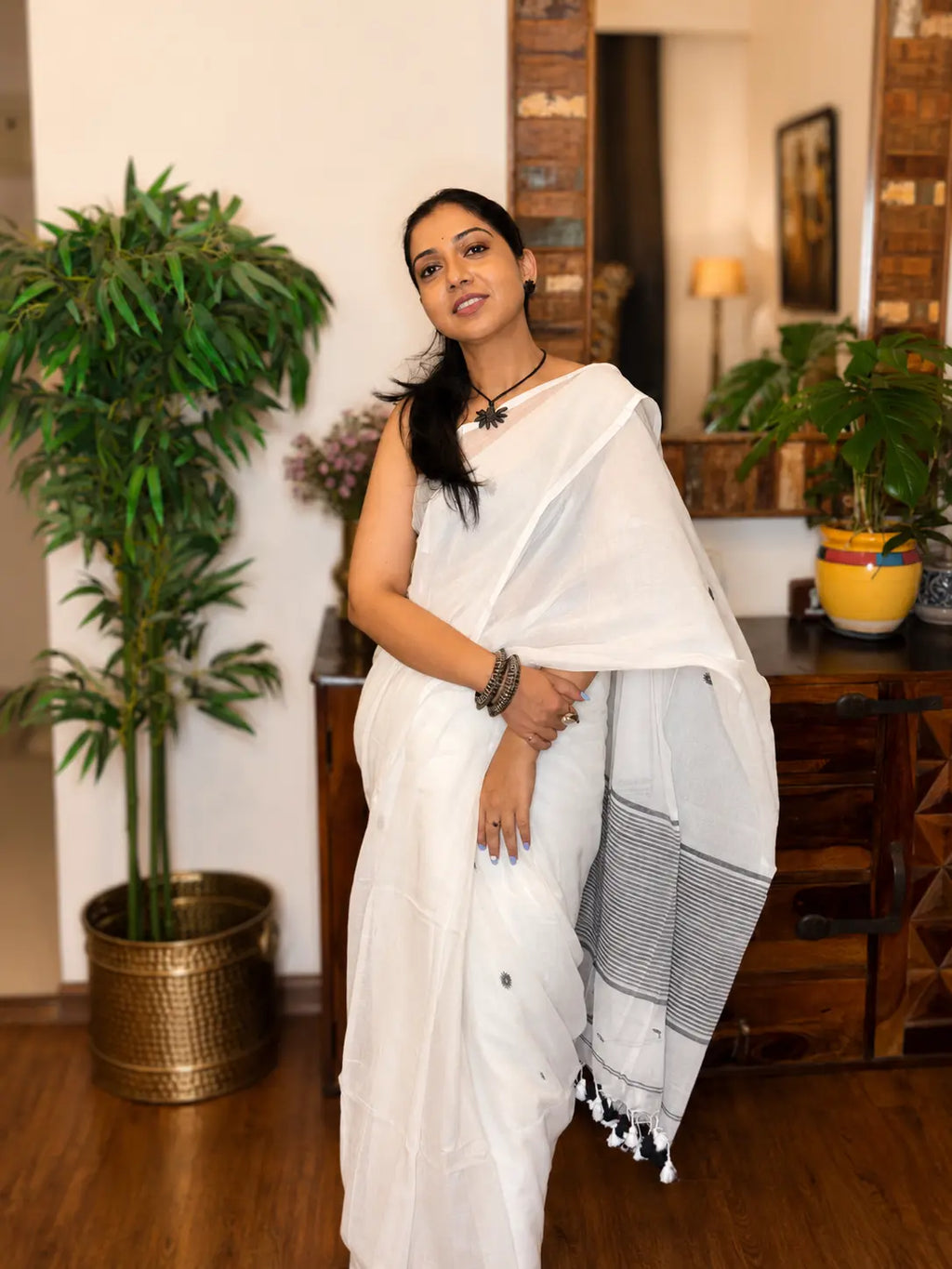 Shubhra pure handwoven white Jamdani saree in soft cotton for office wear, festive mornings, and everyday elegance
