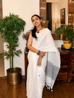 Shubhra pure handwoven white Jamdani saree in soft cotton for office wear, festive mornings, and everyday elegance