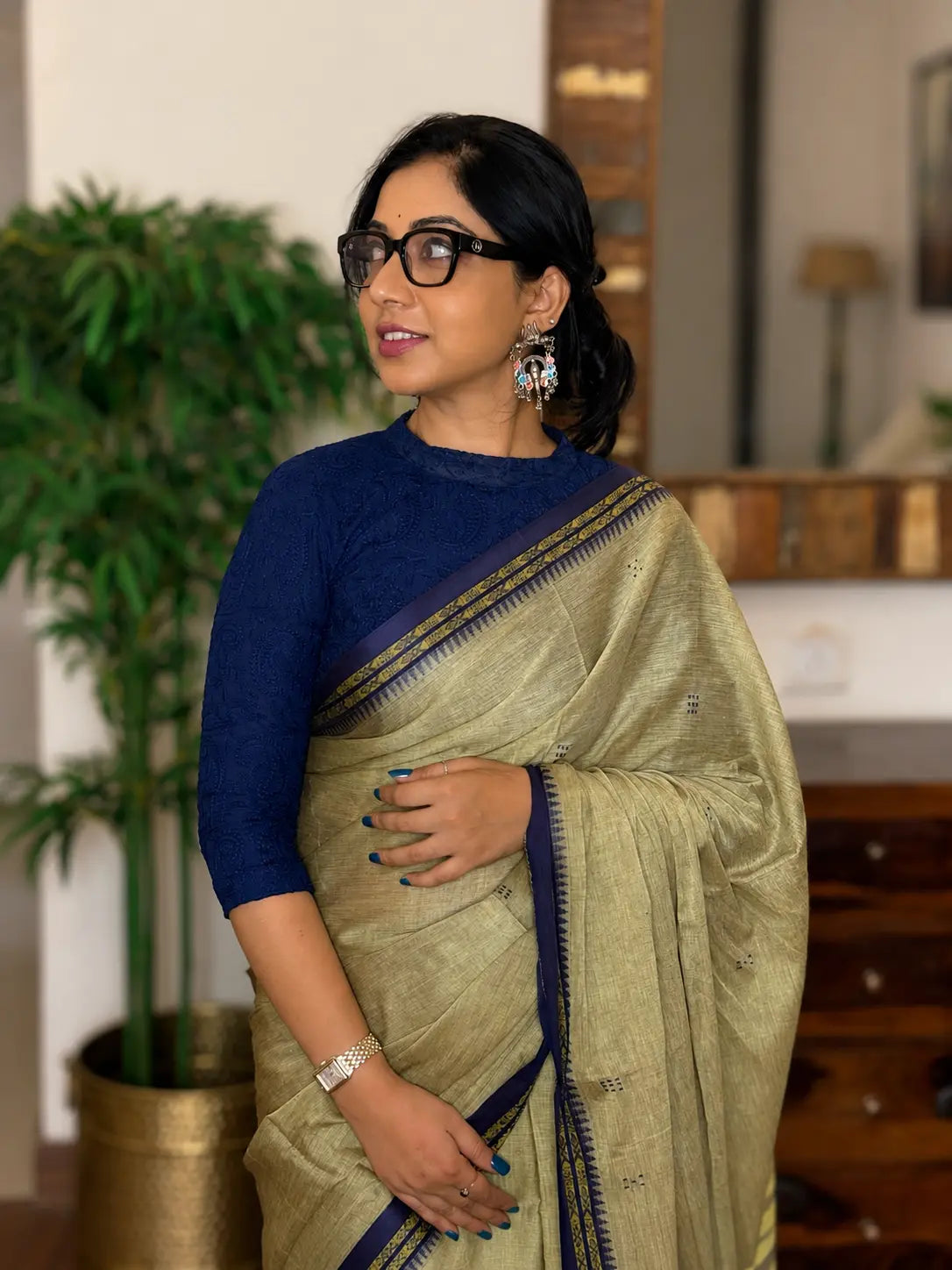 Dharini pure handwoven green grey Dhaniakhali cotton saree in soft breathable cotton for office wear, festive mornings, and everyday elegance