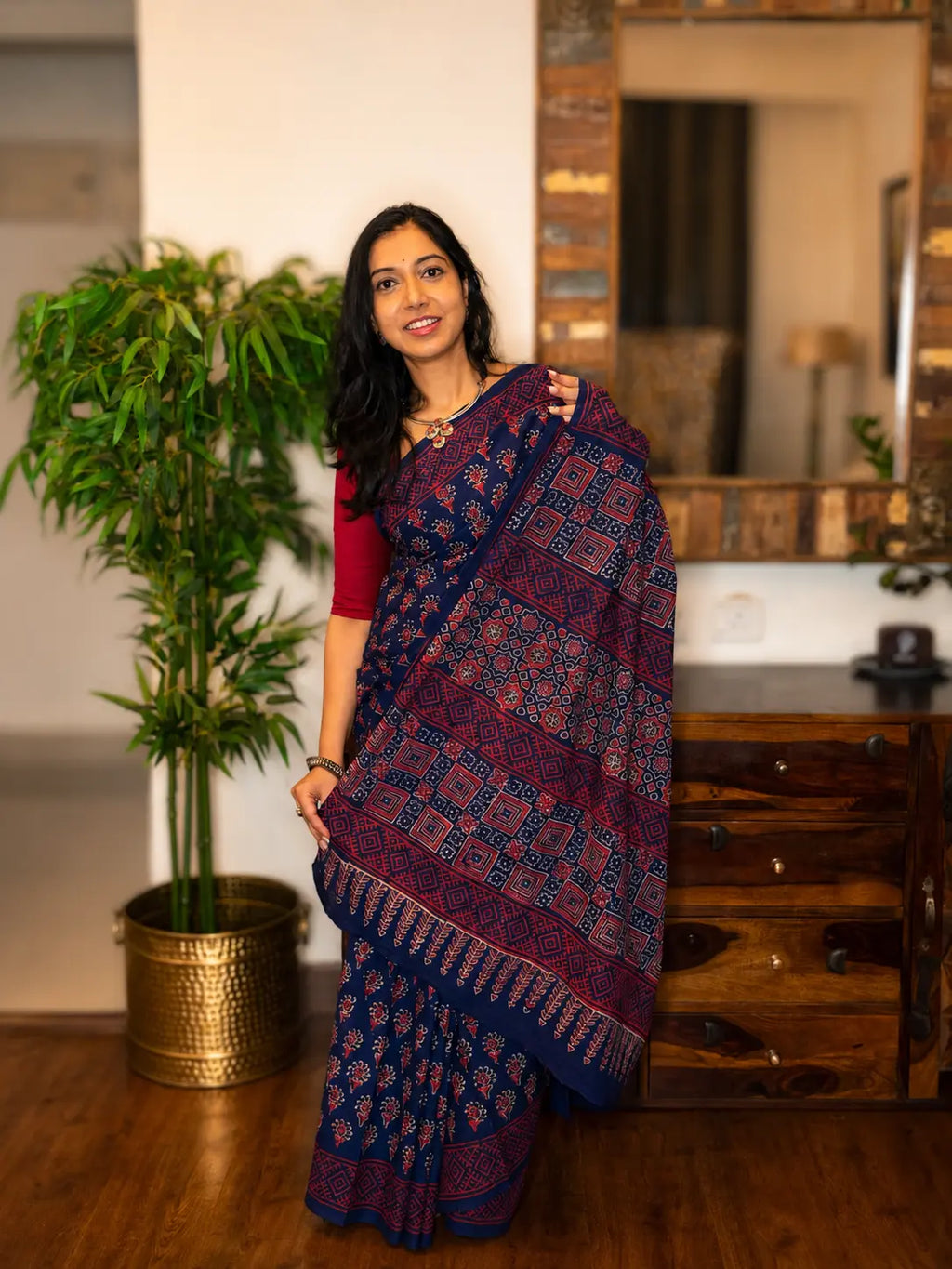 Hand-block Cotton Saree – Blue Reverie