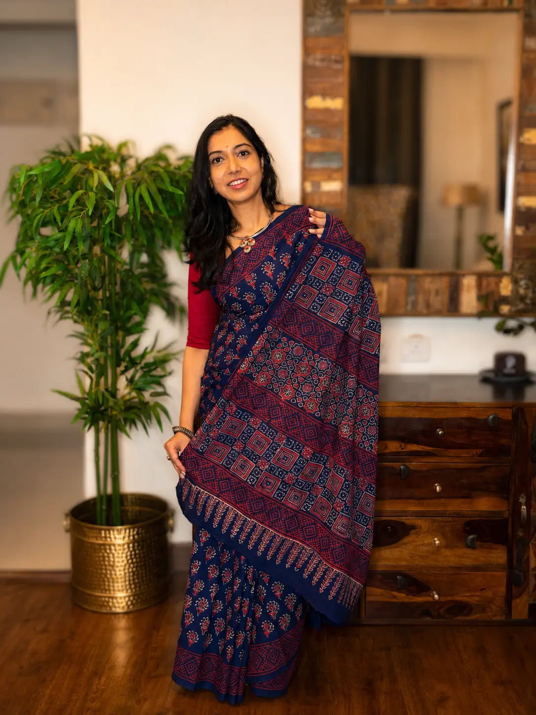 Hand-block Cotton Saree – Blue Reverie