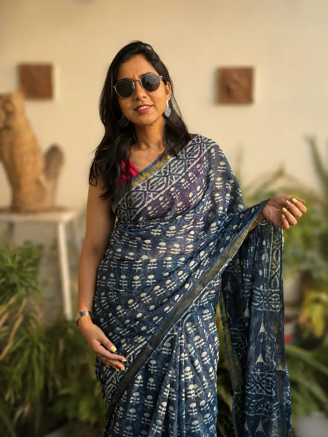 Hand-block Cotton Saree – Indigo Varnam