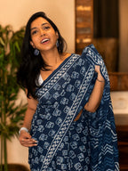 Indigo Echo pure hand block printed indigo cotton saree in soft breathable cotton for office wear and everyday elegance