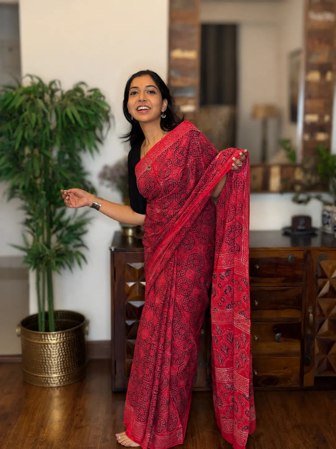 Hand-block Cotton Saree – Vermilion Grace
