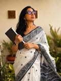 Handwoven cotton Jamdani saree in white and black with traditional motifs