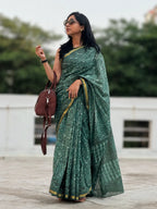 Hand-block Cotton Saree – Forest Grace