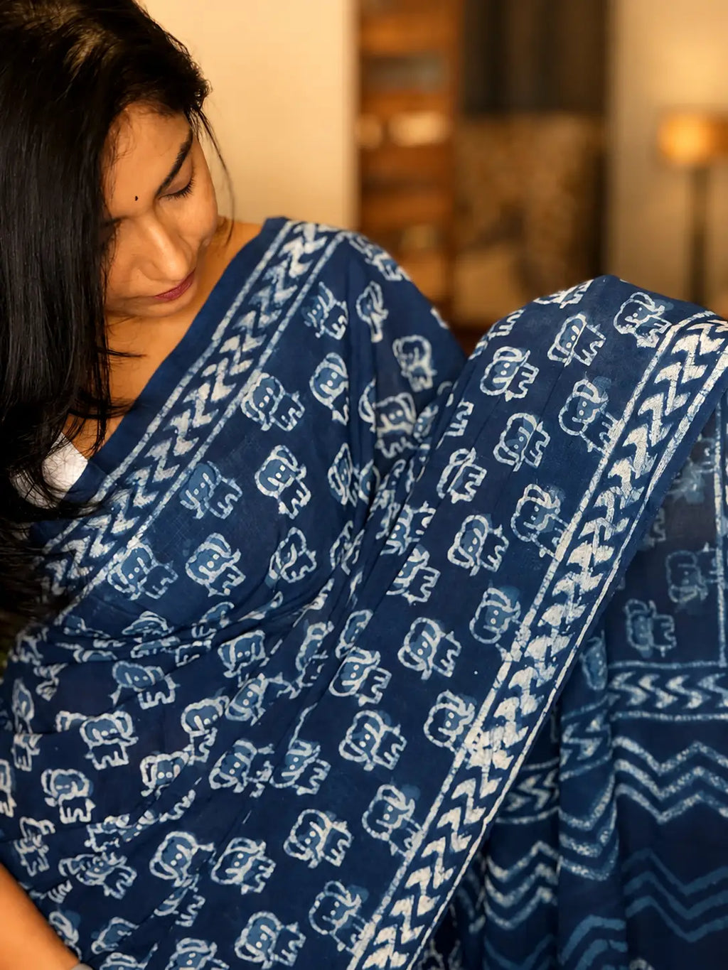 Hand-block Cotton Saree – Indigo Echo
