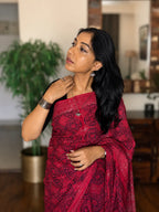 Vermilion Grace pure hand block printed sindoor red cotton saree in soft breathable cotton for office wear and festive occasions