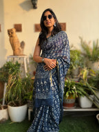 Hand-block Cotton Saree – Indigo Varnam
