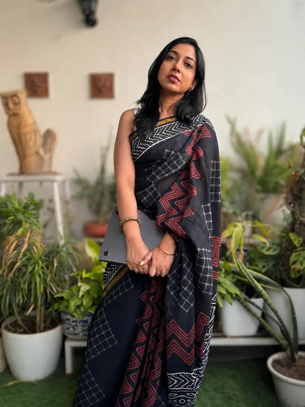 Hand-block Cotton Saree – Black Poetry