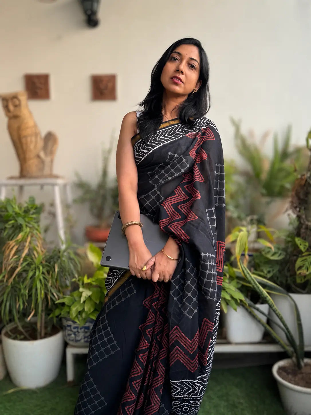 Hand-block Cotton Saree – Black Poetry