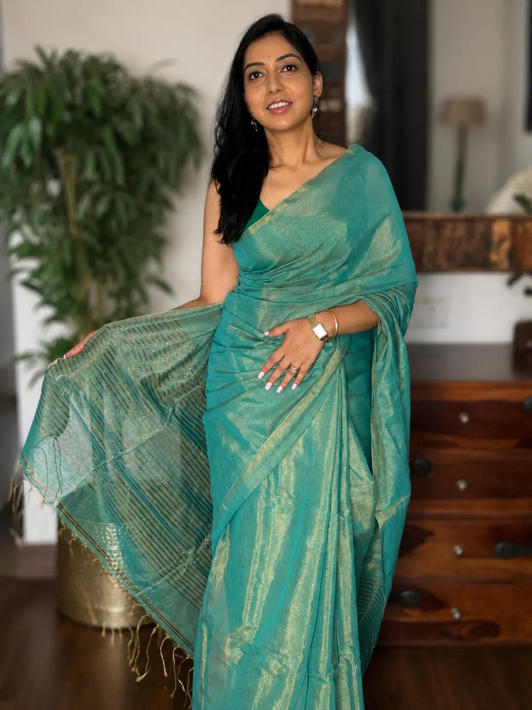 TIULIP Emerald Gold Tissue Saree in green and gold for weddings and festive occasions