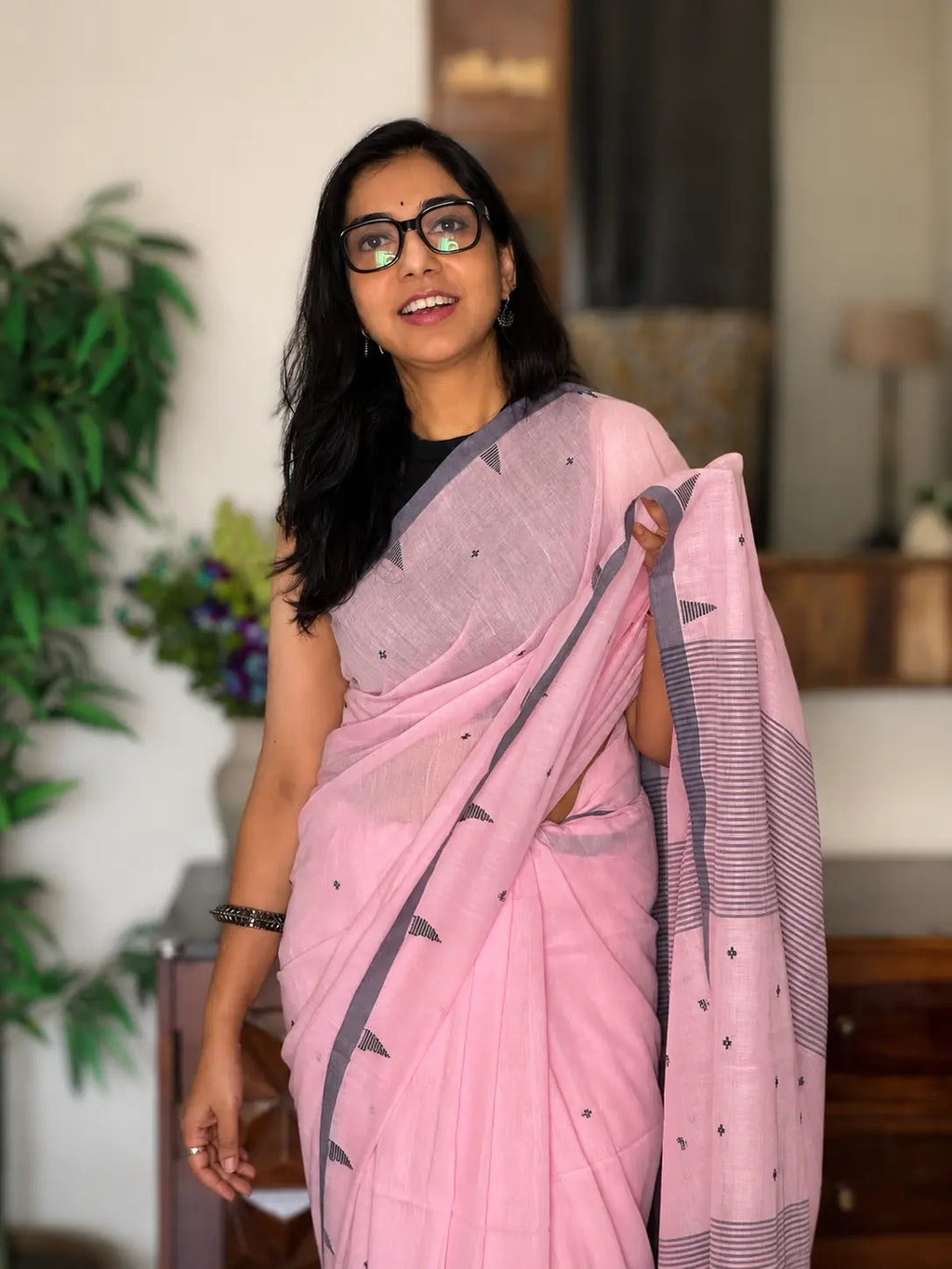 Mridula pure handwoven pastel pink Jamdani saree in soft cotton for office wear, festive mornings, and everyday elegance