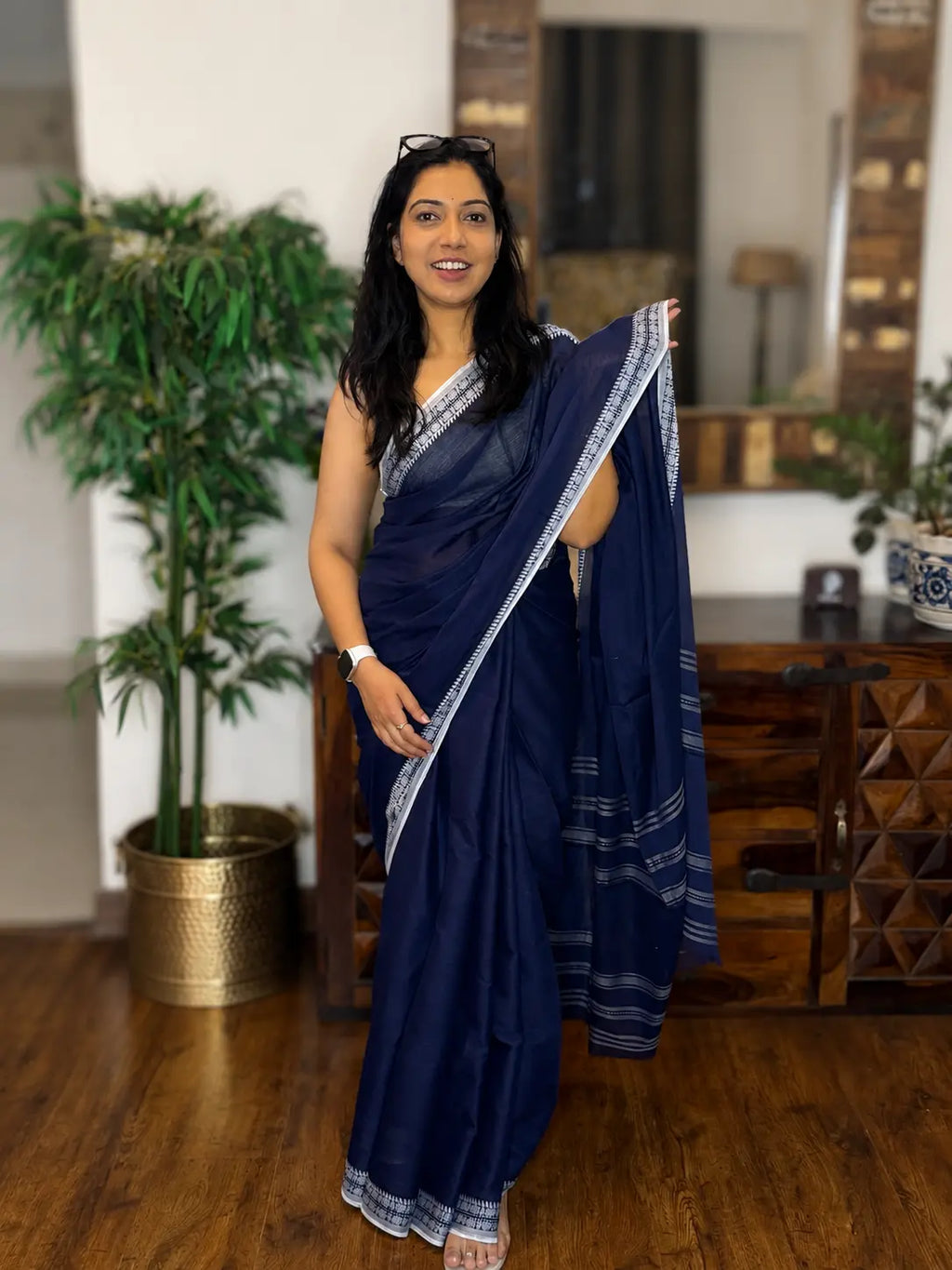 Nilanjana pure handwoven deep blue Dhaniakhali cotton saree in soft breathable cotton for office wear, festive mornings, and everyday elegance