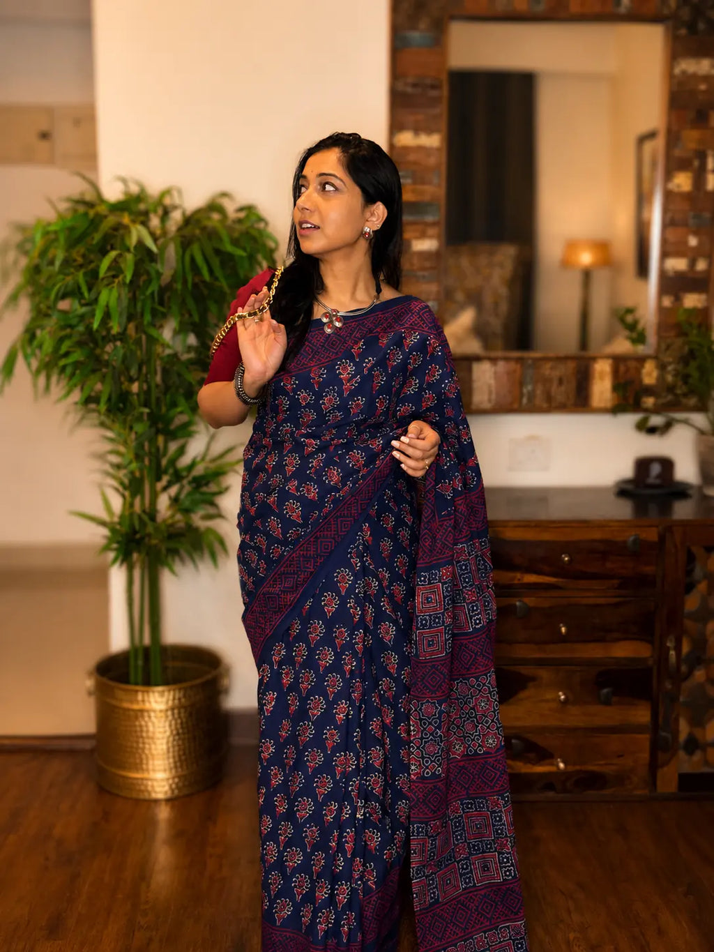 Hand-block Cotton Saree – Blue Reverie