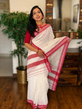 Shiuli pure handwoven white Dhaniakhali cotton saree in soft breathable cotton for office wear, festive mornings, and everyday elegance