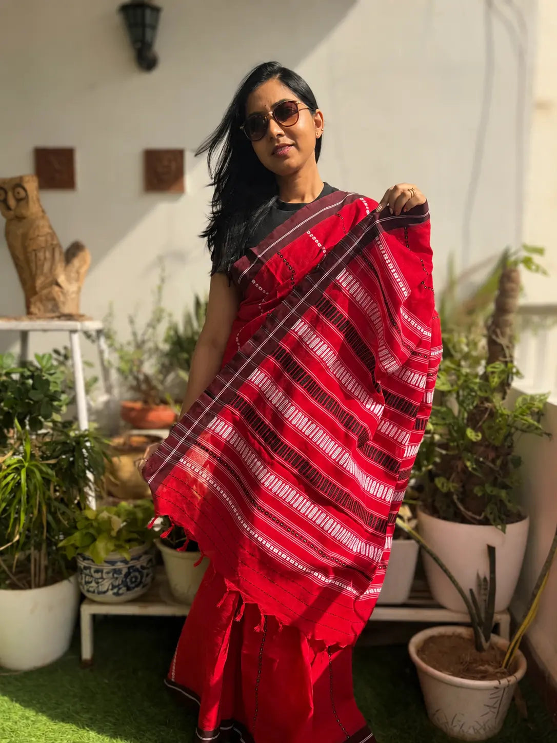 Arunima pure handwoven red Begampuri cotton saree in soft breathable cotton with traditional woven borders for office wear and everyday elegance