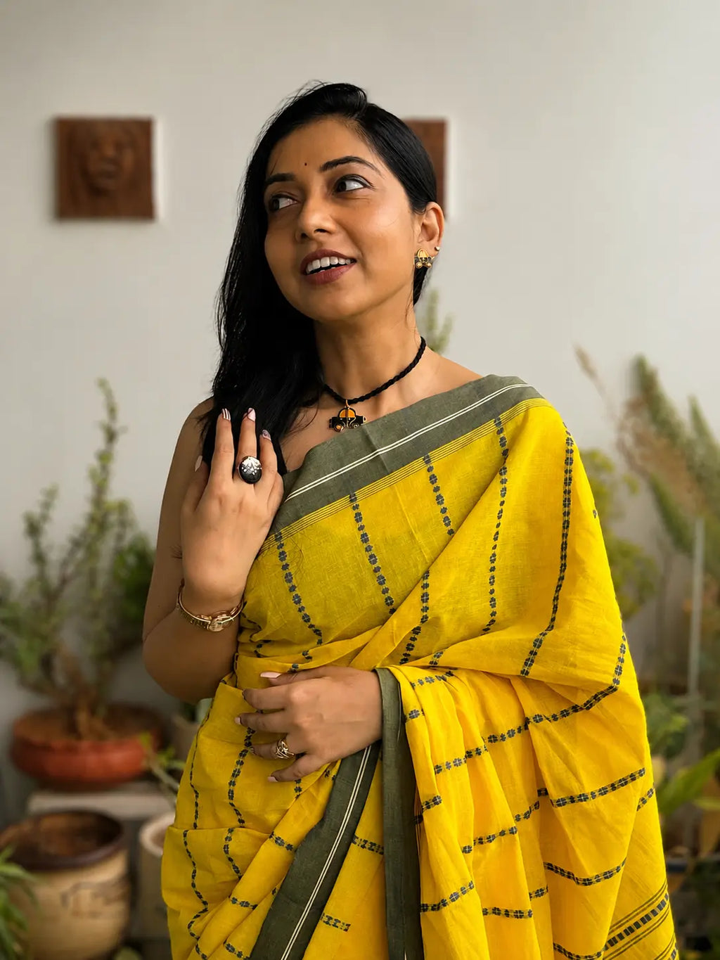 Hemangi pure handwoven yellow Begampuri cotton saree in soft breathable cotton with traditional woven borders for office wear and everyday elegance