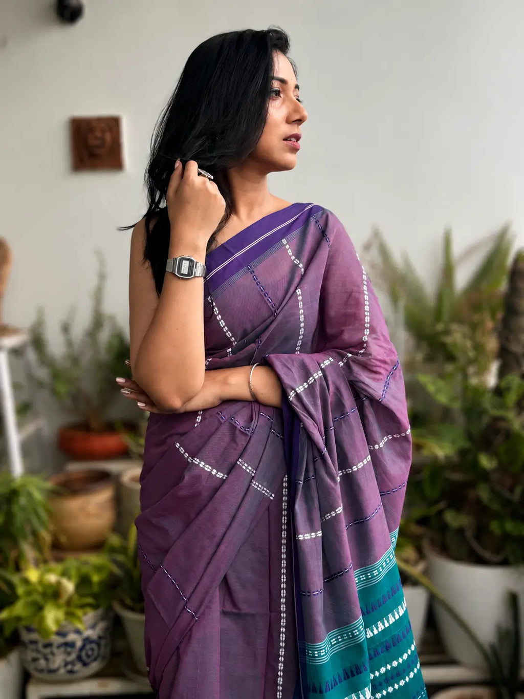 Indulekha pure handwoven purple Begampuri cotton saree in soft breathable cotton with traditional woven borders for office wear and everyday elegance