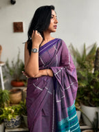 Indulekha pure handwoven purple Begampuri cotton saree in soft breathable cotton with traditional woven borders for office wear and everyday elegance