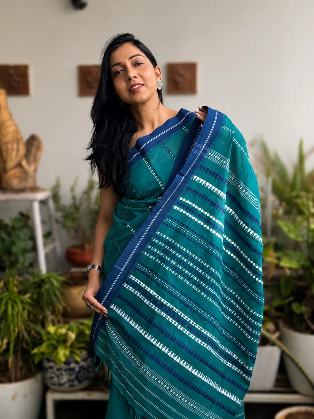 Sarayu pure handwoven bluish green Begampuri cotton saree in soft breathable cotton with traditional woven borders for office wear and everyday elegance