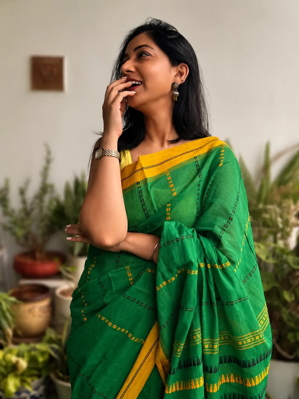 Banani pure handwoven green Begampuri cotton saree in soft breathable cotton with traditional woven borders for office wear and everyday elegance