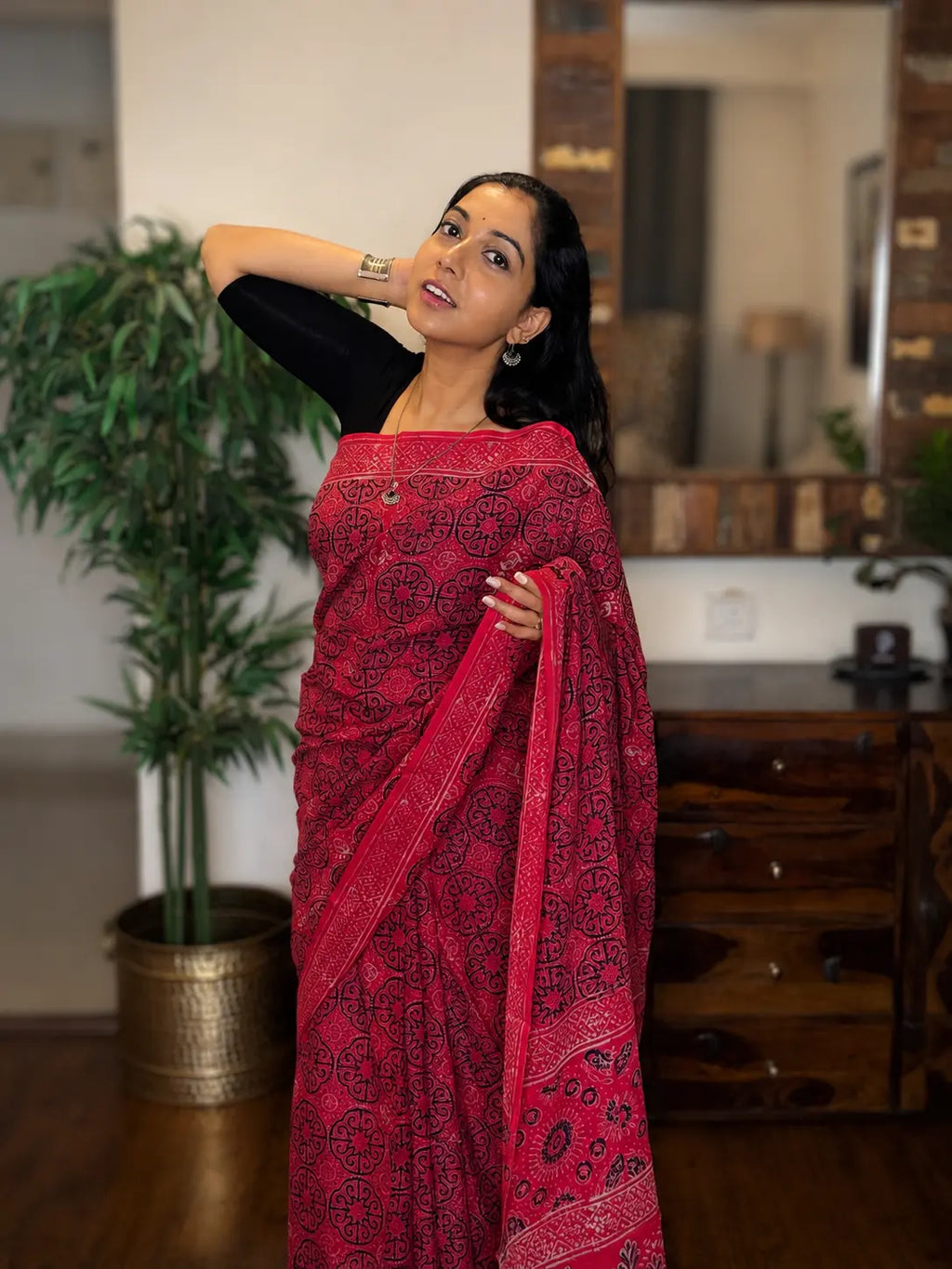 Hand-block Cotton Saree – Vermilion Grace
