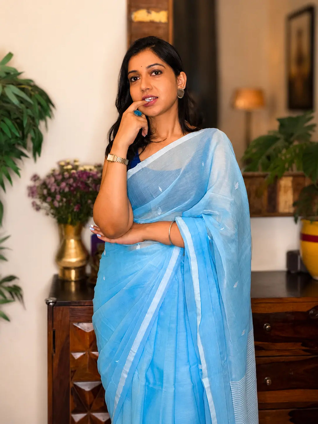 Aakashlina pure handwoven pastel sky blue Jamdani saree in soft cotton for office wear and festive occasions