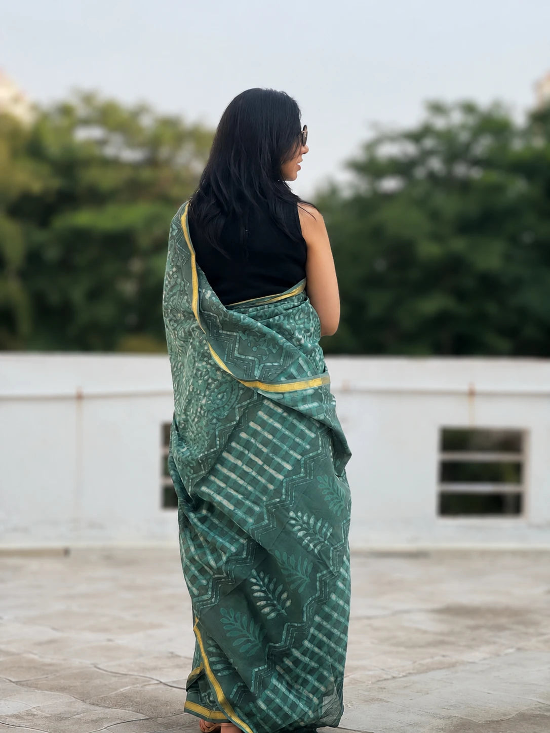 Hand-block Cotton Saree – Forest Grace