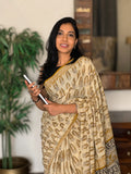 Golden Muse pure hand block printed yellow ochre cotton saree in soft breathable cotton for office wear and everyday elegance