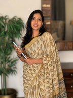 Golden Muse pure hand block printed yellow ochre cotton saree in soft breathable cotton for office wear and everyday elegance