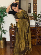Women wearing Golden zari border detail on handwoven tissue saree Full drape
