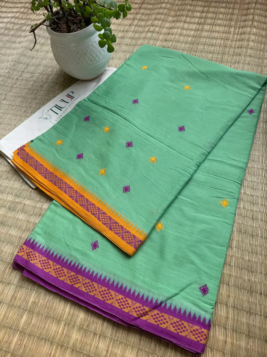 Sagarika sea green handwoven Dhaniakhali cotton saree featuring a refreshing traditional Bengal handloom look