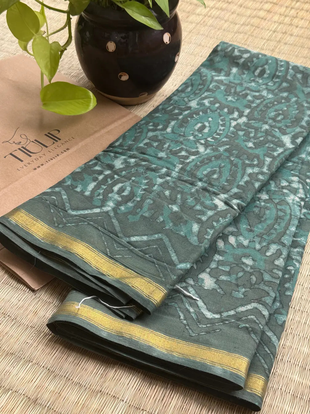 Hand-block Cotton Saree – Forest Grace